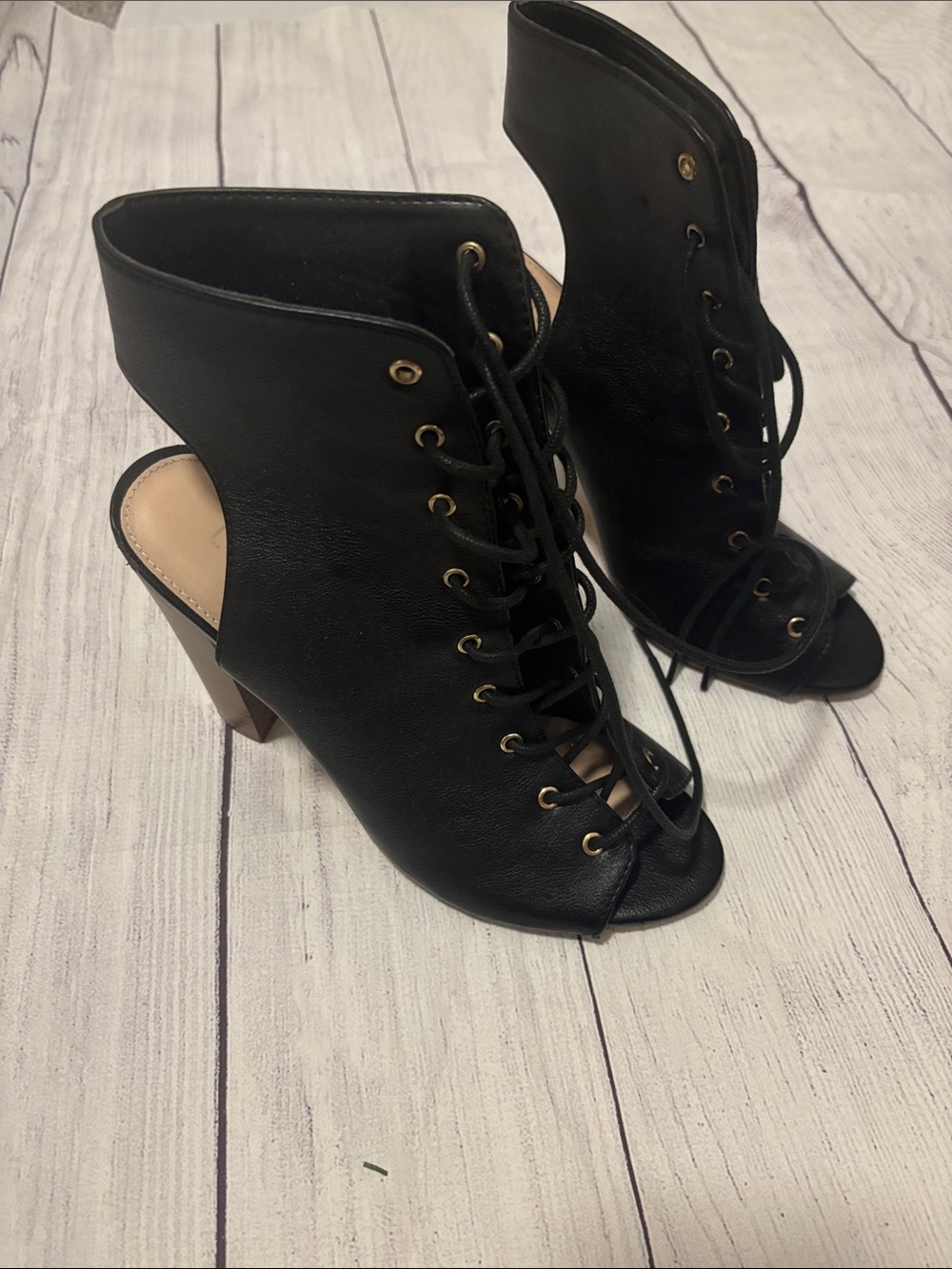 Liliana Black Lace-Up Peep-Toe Heeled Booties